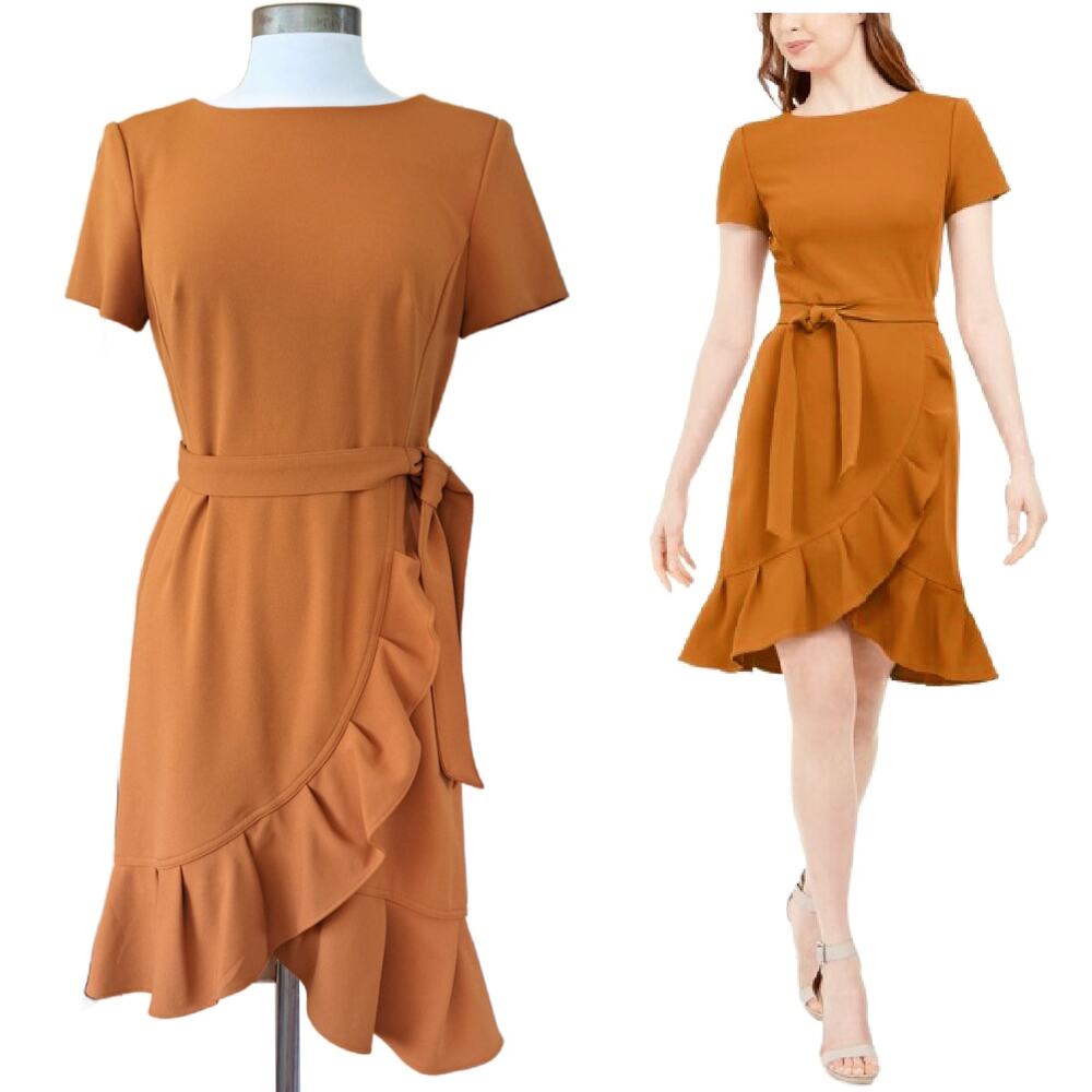 CALVIN KLEIN Ruffled Tulip-Hem Belted Dress Size 8 Spice Almond Orange Fall